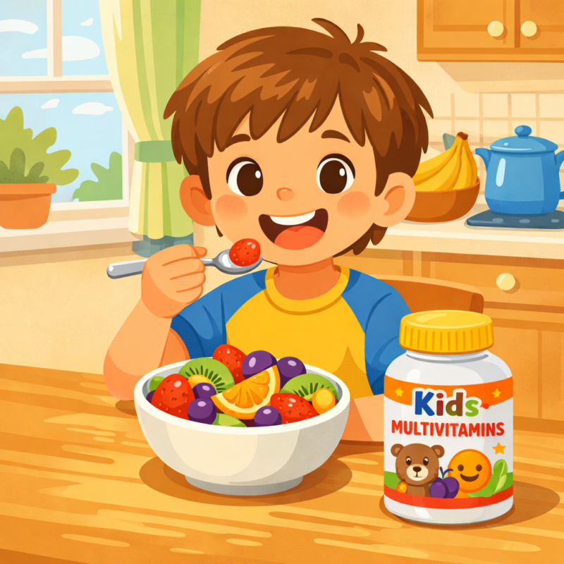Child eating healthy fruits alongside daily nutrition supplements for health