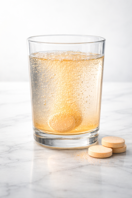Multivitamin tablet dissolving in water as part of a daily health supplement routine