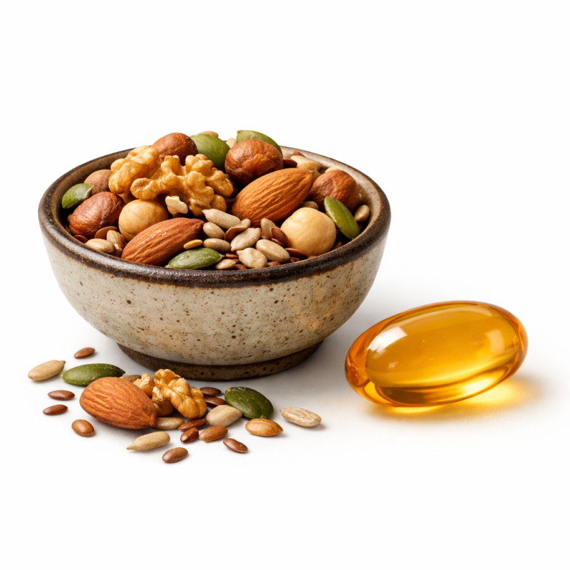 Vitamin E rich nuts and seeds alongside immune system supplement capsule