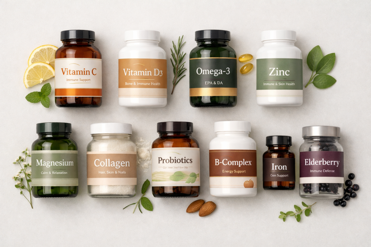 Top 10 immunity supplements arranged together including Vitamin C, D, Zinc, and Omega-3