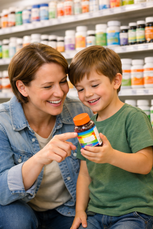 Parent and child choosing the right nutrition supplements together at a pharmacy