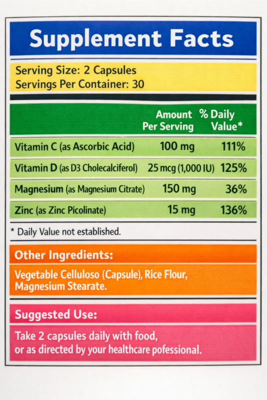 Supplement label showing daily value percentages and certified quality marks for safe nutrition supplements