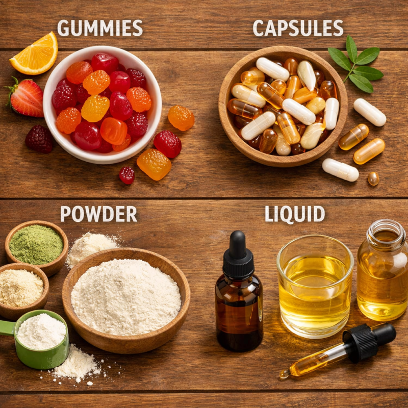Different forms of nutrition supplements including gummies, capsules, powder, and liquid options