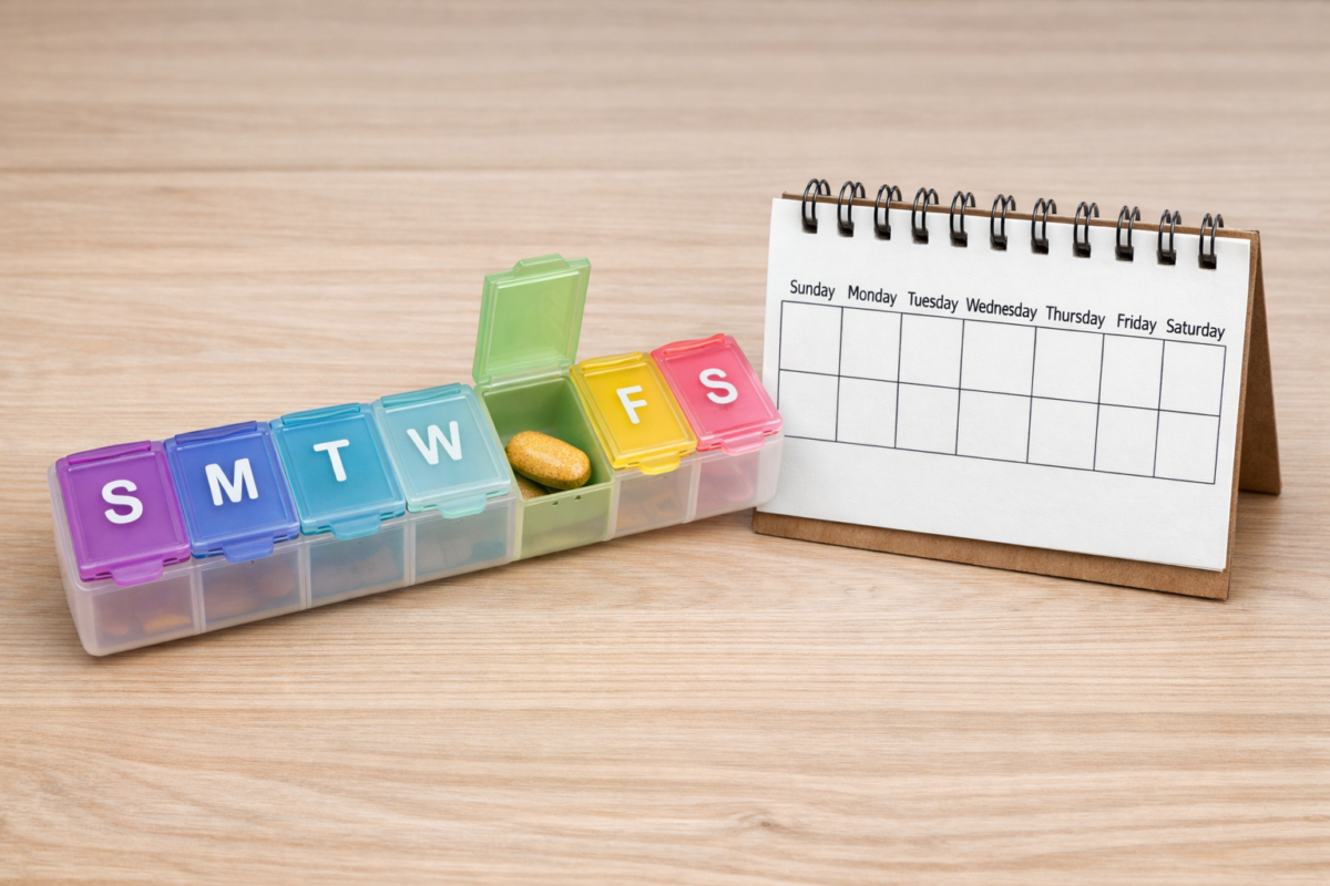 Multivitamin tablet in a daily organizer representing a simple daily nutritional support routine