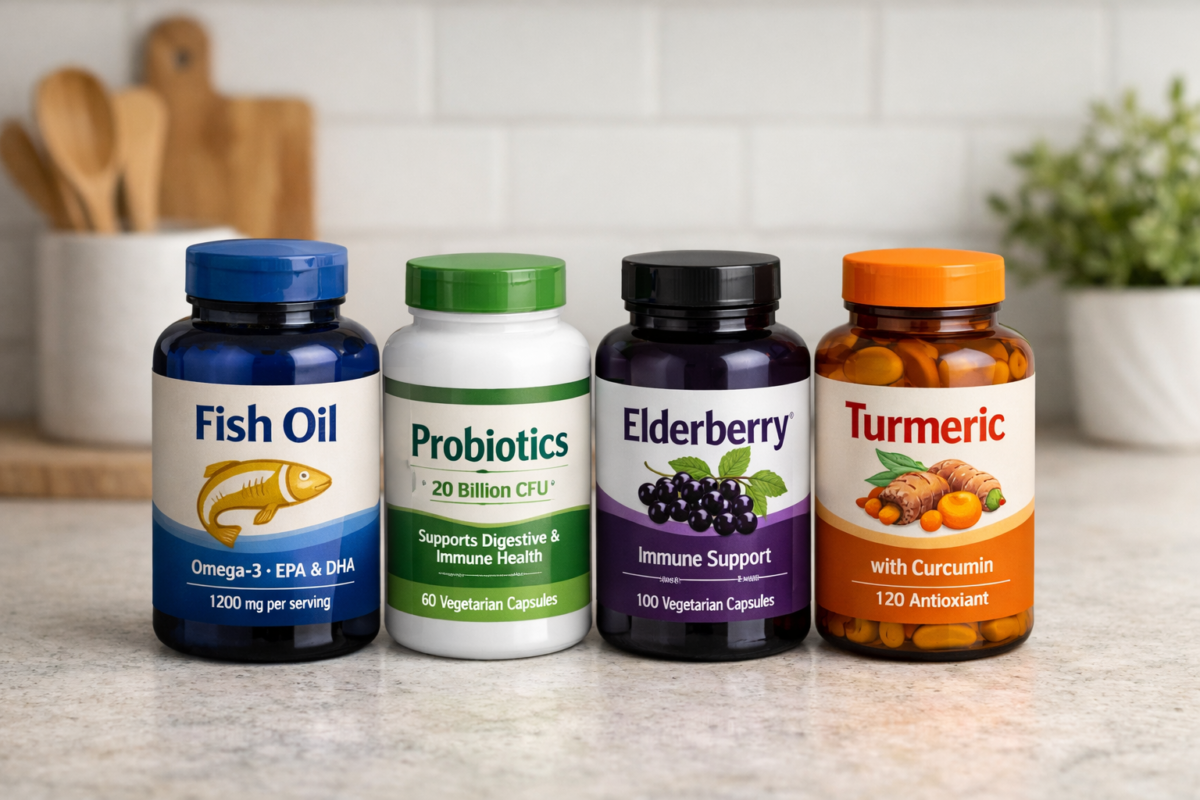 Natural supplements including fish oil, probiotics, elderberry, and turmeric for targeted daily health support