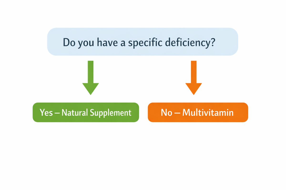 Decision tree infographic helping users choose between multivitamins vs natural supplements