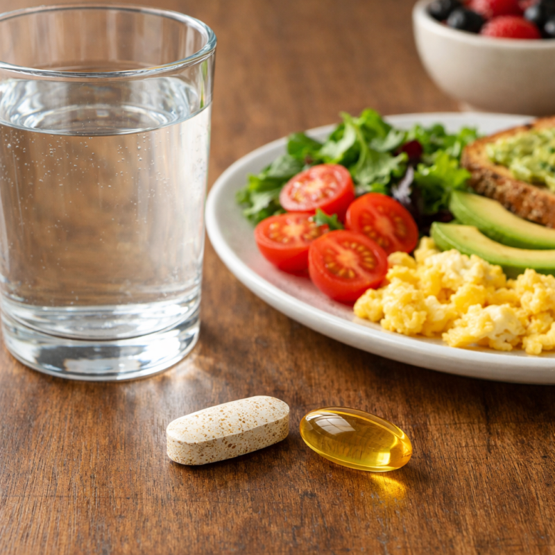 Multivitamin and natural supplement fish oil capsule taken together safely as part of a morning health routine