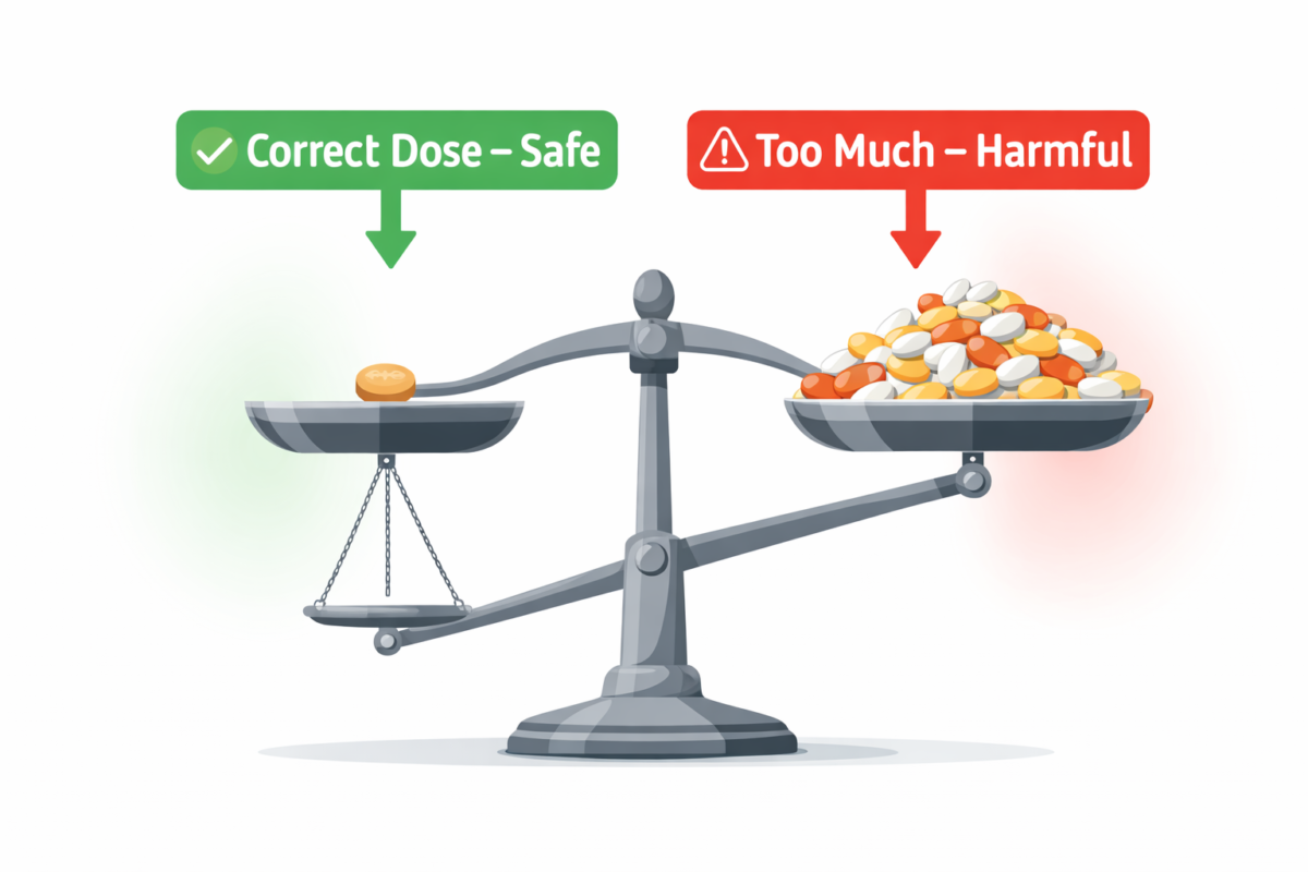 Supplement dosage safety scale showing the difference between correct and excessive nutrition supplement intake