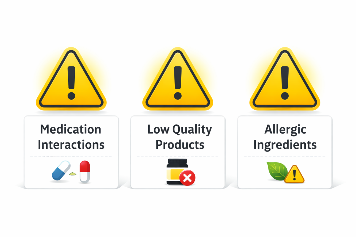 Three common nutrition supplement safety risks illustrated for beginner guidance on safe supplementation