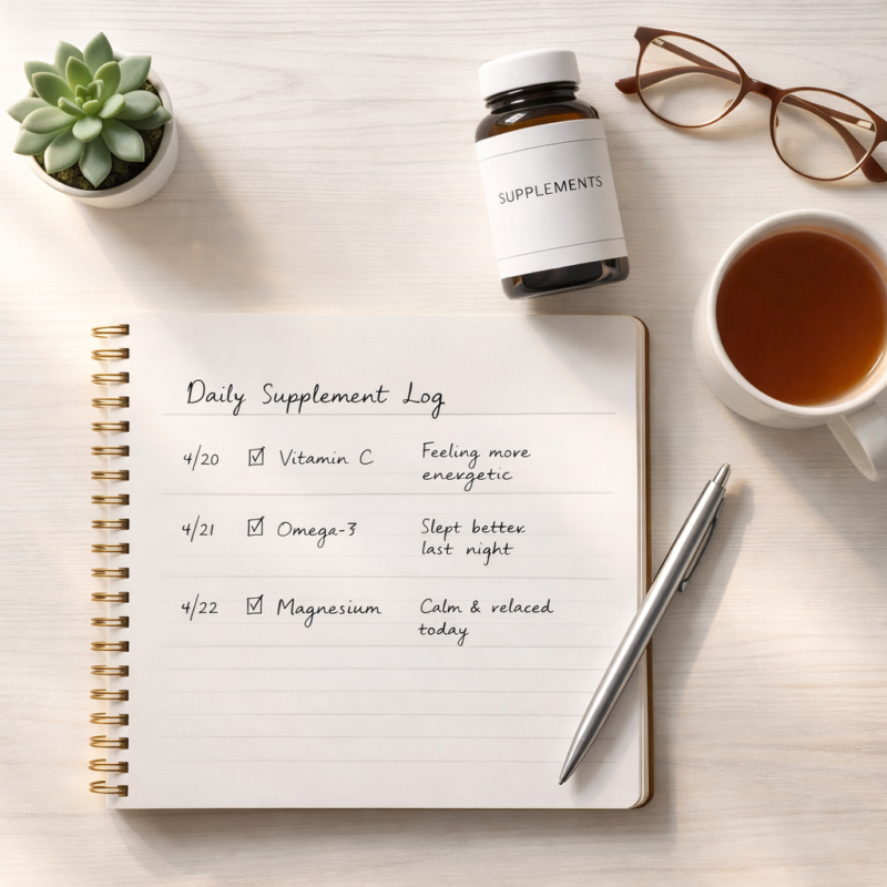 Health journal for tracking daily nutrition supplement routine safely as a beginner