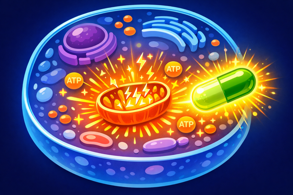 Illustration of energy production inside a body cell boosted by energy supplements for fatigue relief