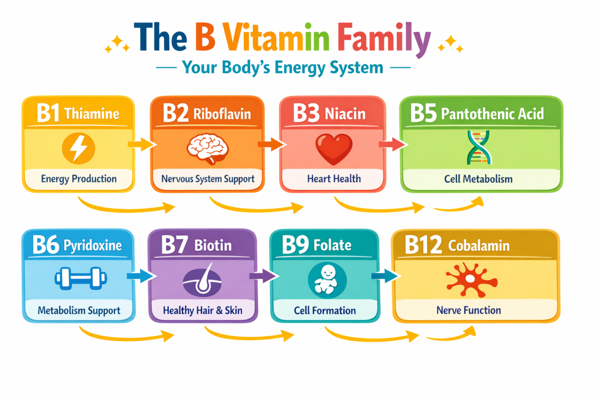 B vitamin complex chart showing how B12 and other B vitamins support daily energy production and reduce fatigue