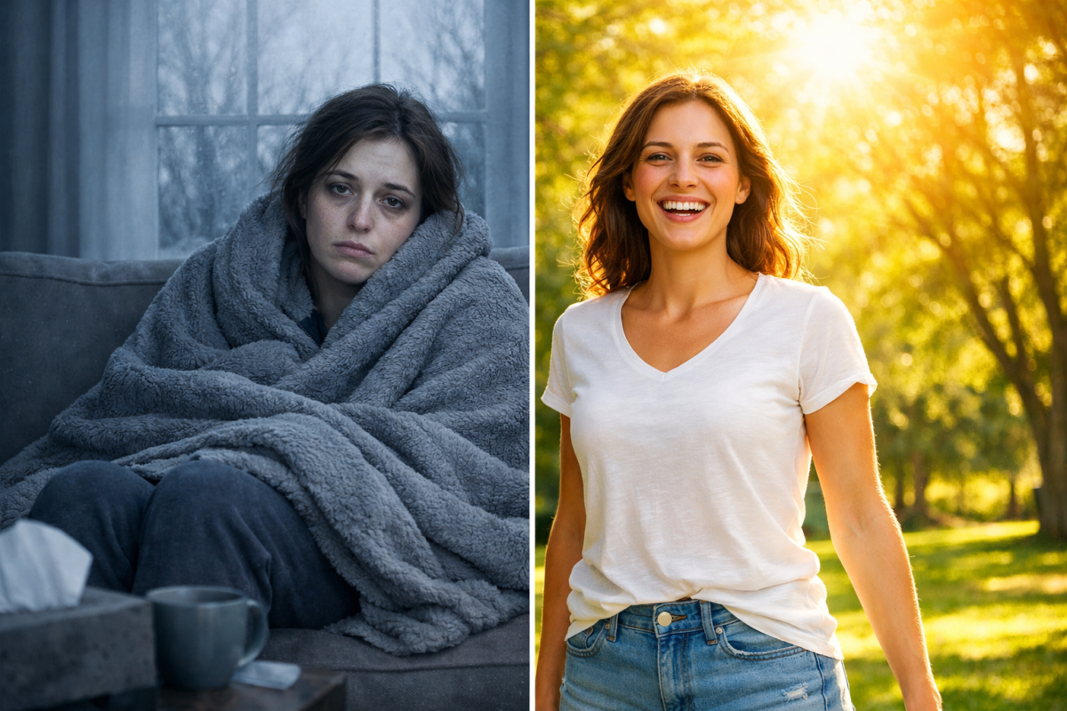 Vitamin D deficiency causing fatigue indoors versus restored energy with sunshine and Vitamin D supplements