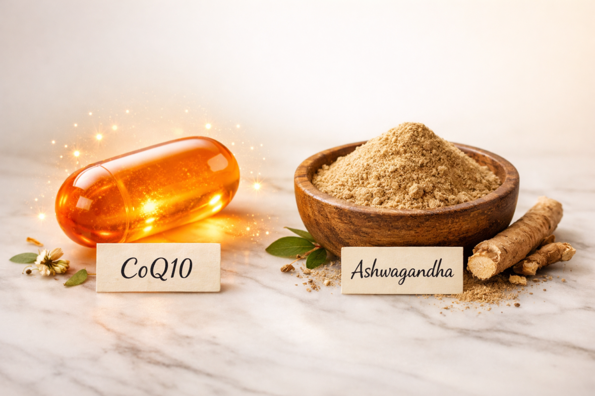 CoQ10 supplement capsule and ashwagandha herbal supplement as natural energy boosters for fatigue relief