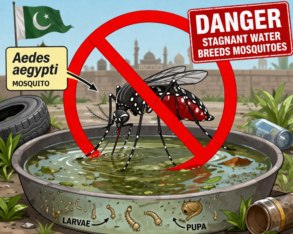 "Aedes aegypti mosquito breeding in stagnant water in Pakistan"