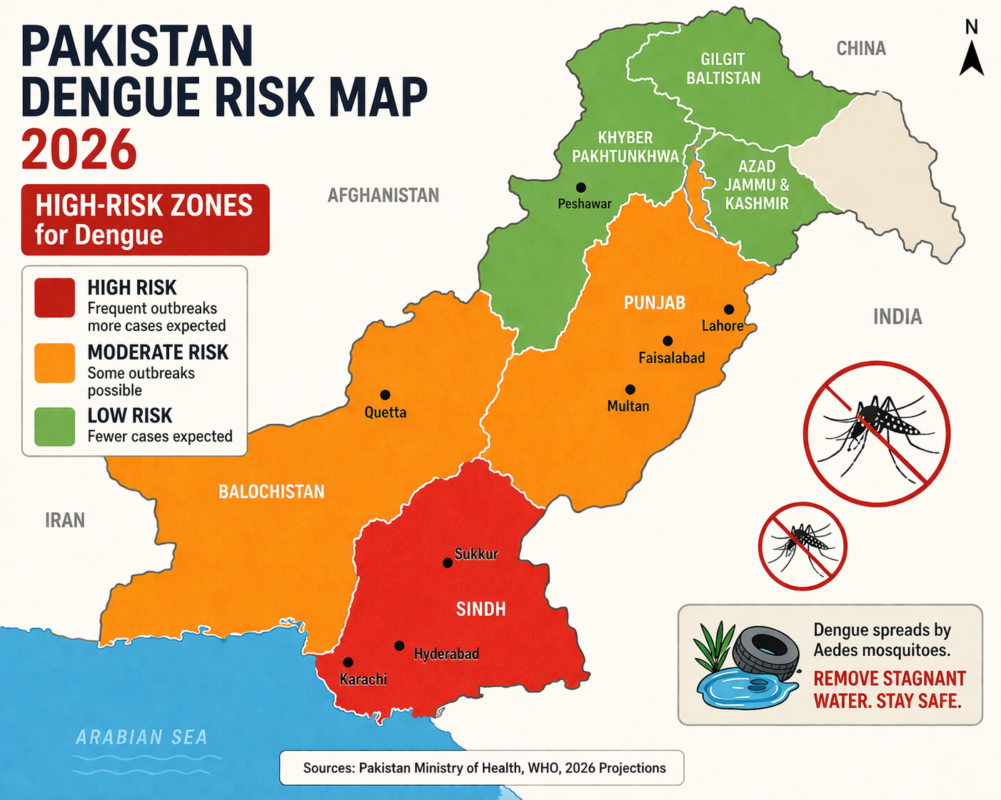 Map of dengue high-risk areas in Pakistan 2026