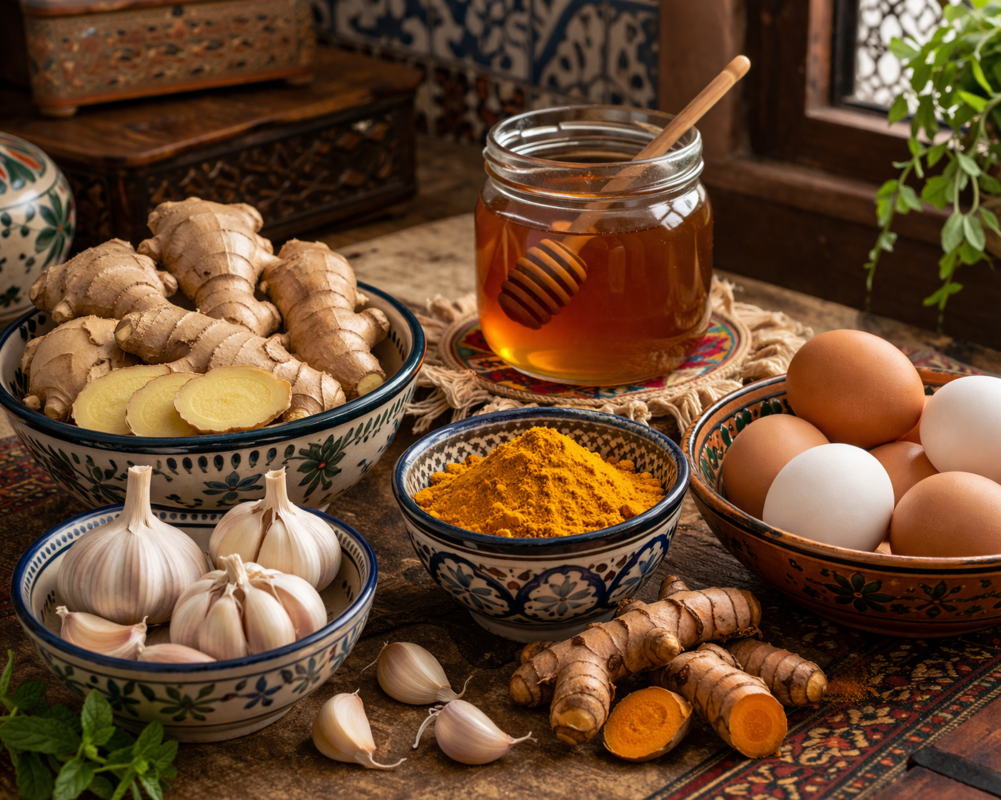 Natural immunity boosting foods in Pakistan ginger garlic turmeric honey eggs