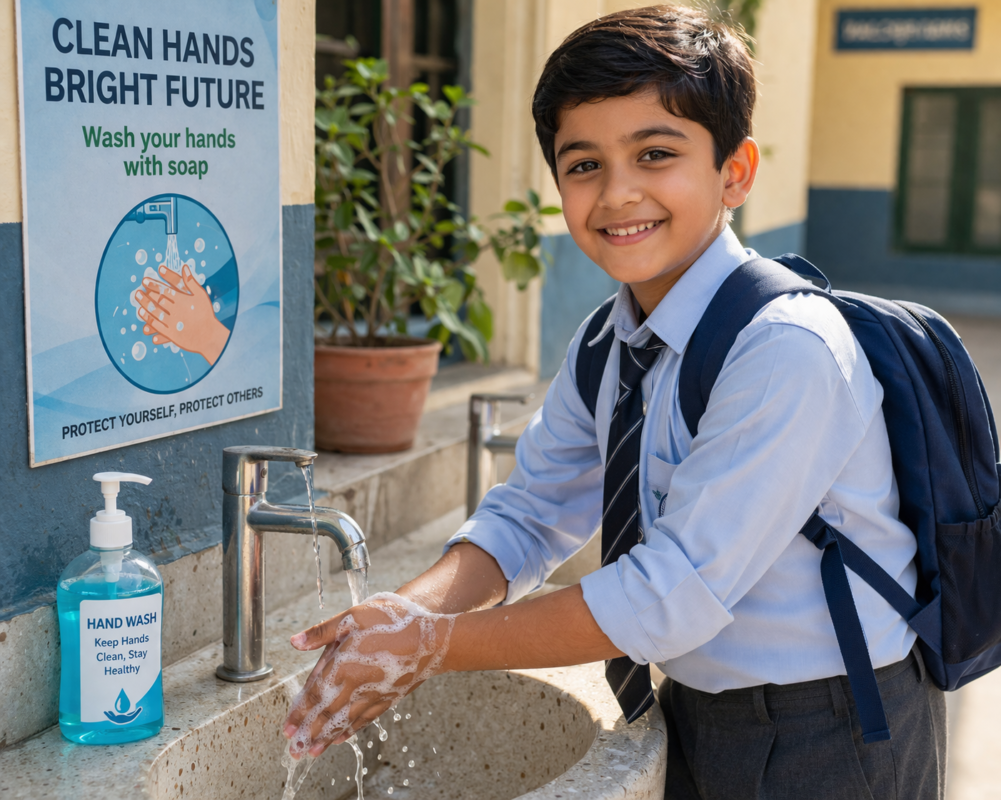 Children washing hands to prevent seasonal flu in Pakistan primary school
